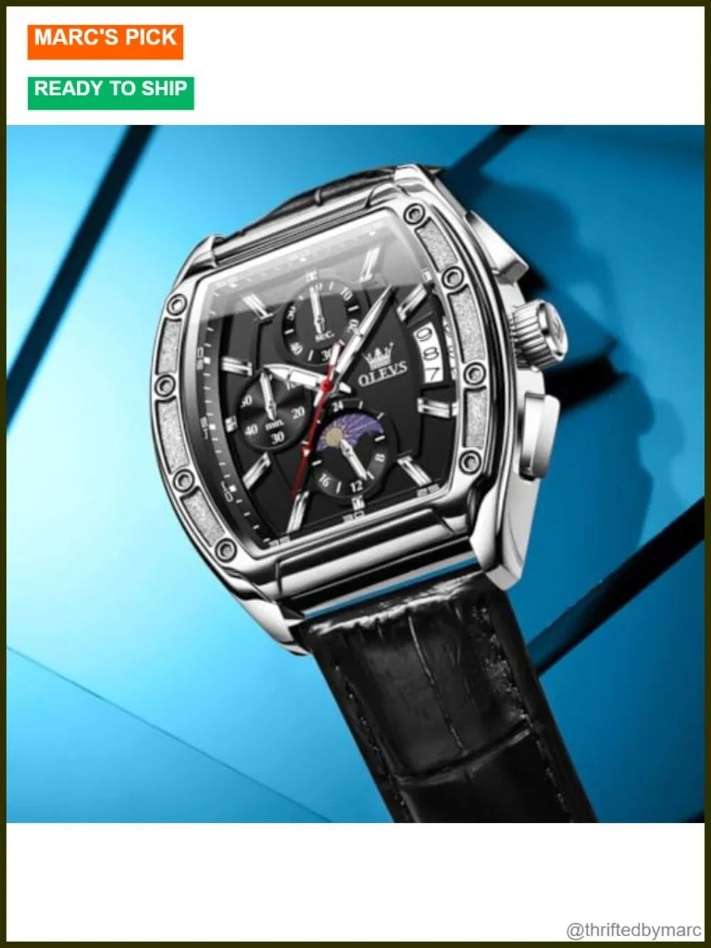 Mens Analog Quartz Chronograph Square Dress Watch Stainless Steel or Leather